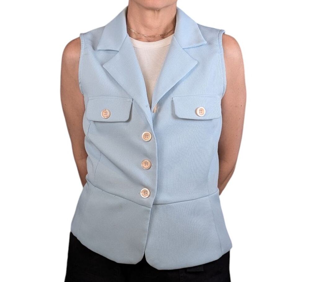 90s Mystic Collared Button Front Vest Peplum Waist Light Blue Size Large